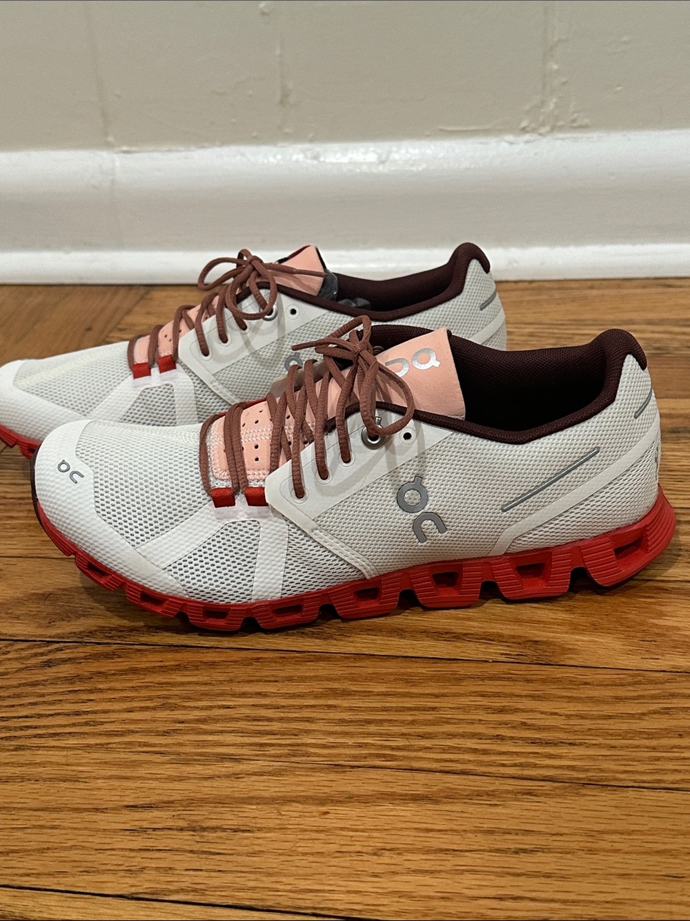 On Running Women's Athletic Shoes - White with Red and Pink Accents